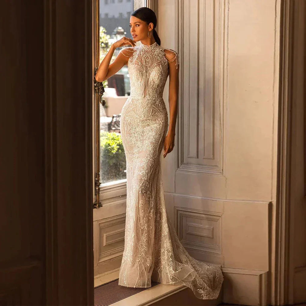 Vestidos de novia de cuello alto para mujer, elegantes, de tul, sin espalda, estilo bohemio, con cuentas, lentejuelas y apliques. Vestidos de novia para la playa.