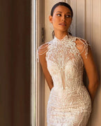 Vestidos de novia de cuello alto para mujer, elegantes, de tul, sin espalda, estilo bohemio, con cuentas, lentejuelas y apliques. Vestidos de novia para la playa.