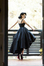 Vestido negro asimétrico estilo vintage para baile de bienvenida, vestido corto de graduación PD387