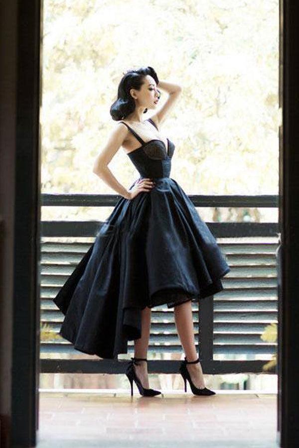 Vestido negro asimétrico estilo vintage para baile de bienvenida, vestido corto de graduación PD387