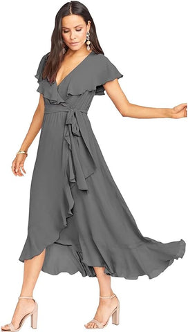 Vestido midi plisado de gasa, corte alto y bajo, para dama de honor (VMB38) 