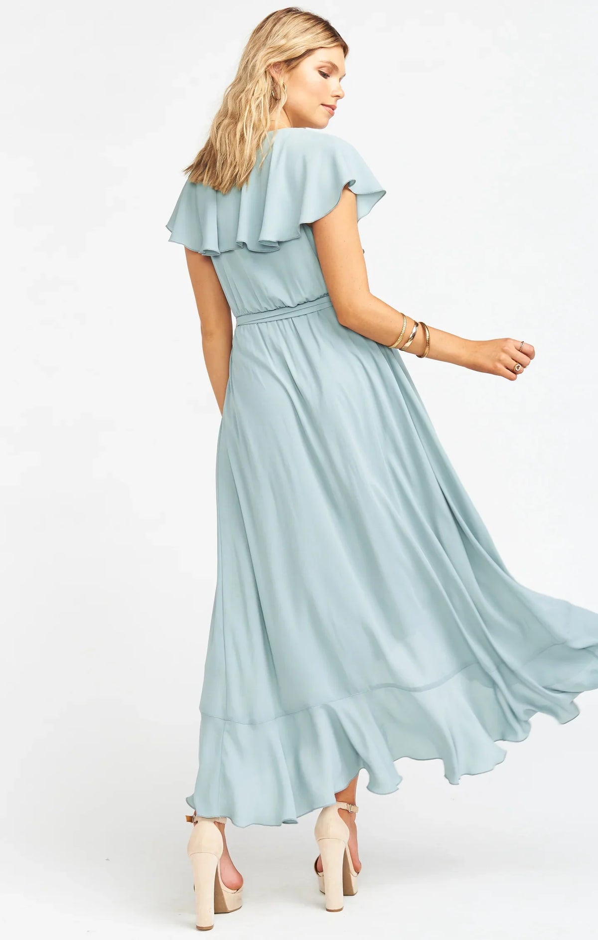 Vestido midi plisado de gasa, corte alto y bajo, para dama de honor (VMB38) 