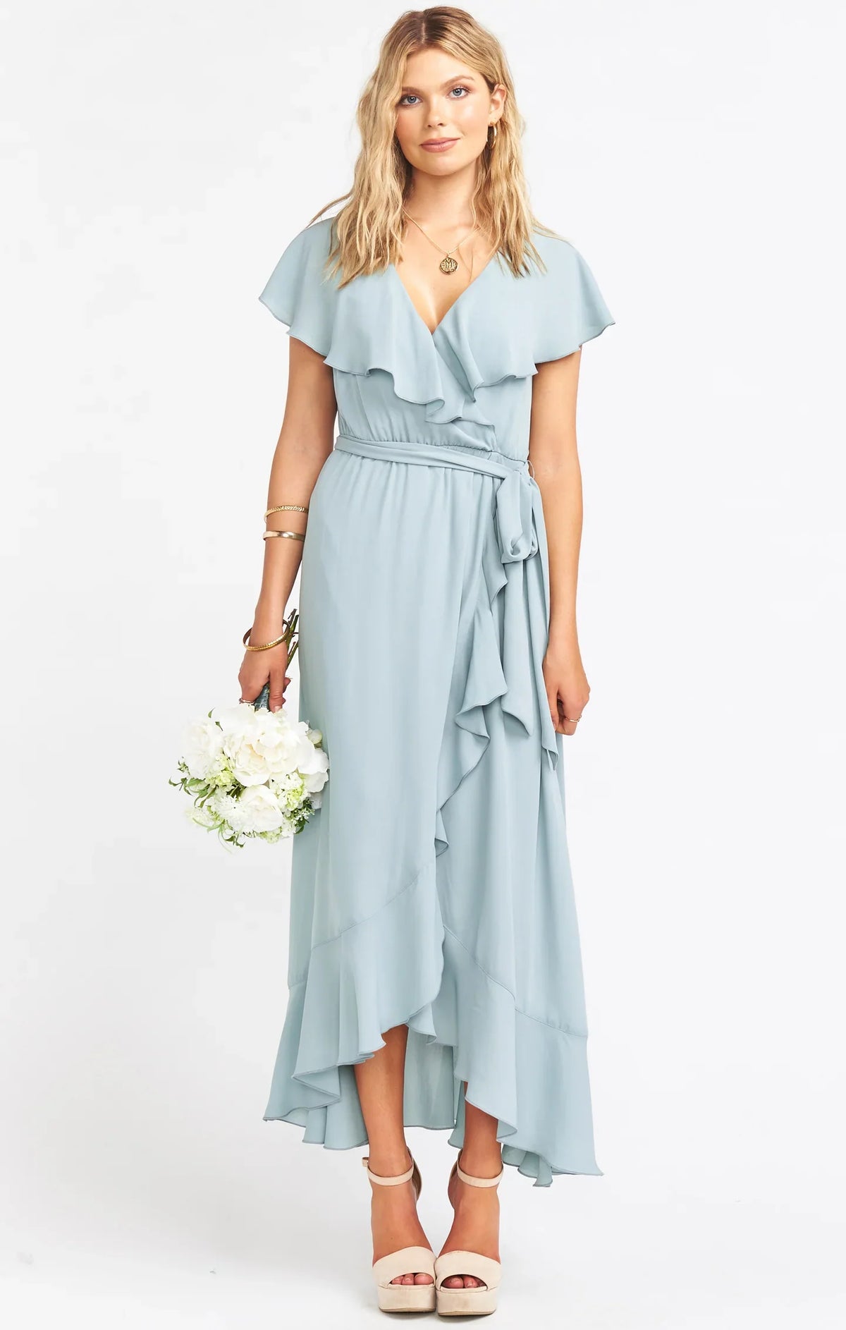 Vestido midi plisado de gasa, corte alto y bajo, para dama de honor (VMB38) 