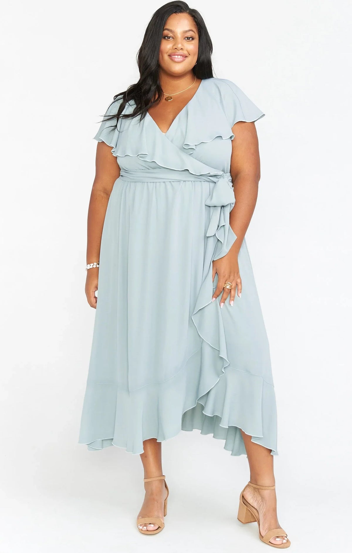 Vestido midi plisado de gasa, corte alto y bajo, para dama de honor (VMB38) 