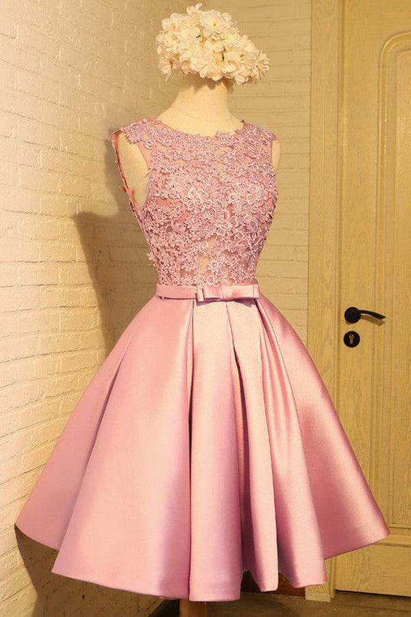 Robe de bal courte en satin avec appliques et nœud papillon, référence PD454