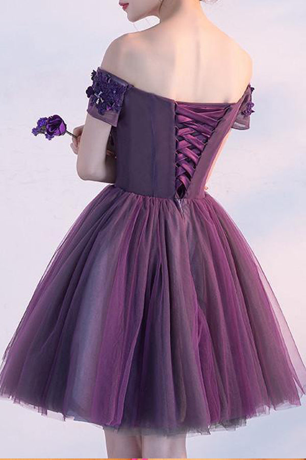Robe de bal de fin d'année violette à épaules dénudées, courte, PD354