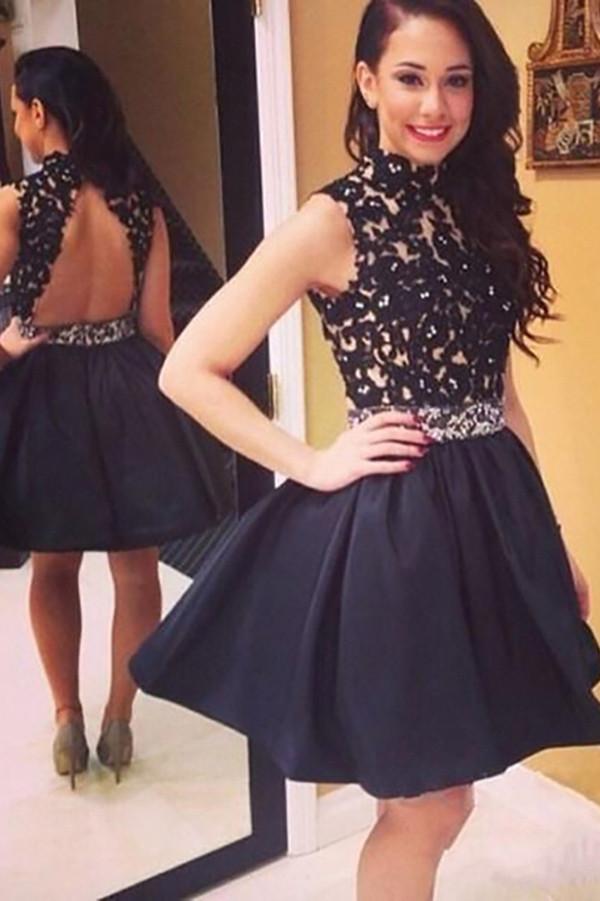 Vestidos de fiesta de bienvenida con cuello alto y espalda descubierta con apliques 