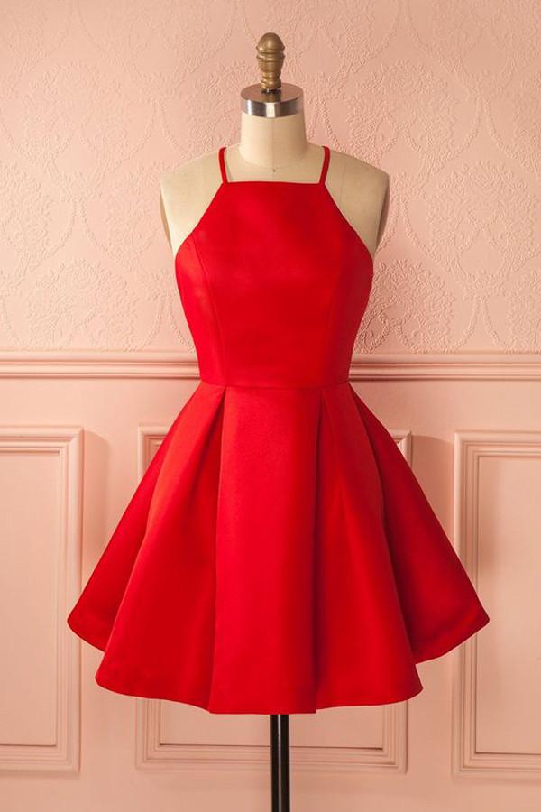 Robe de bal rouge simple à bretelles courtes et coupe trapèze, robe de soirée pas chère pour filles