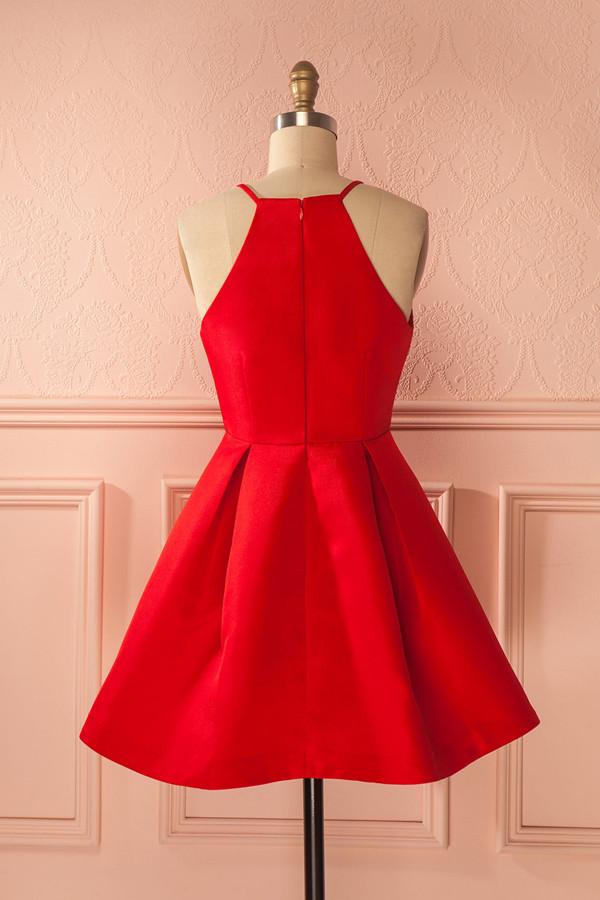 Robe de bal rouge simple à bretelles courtes et coupe trapèze, robe de soirée pas chère pour filles