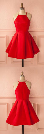 Robe de bal rouge simple à bretelles courtes et coupe trapèze, robe de soirée pas chère pour filles