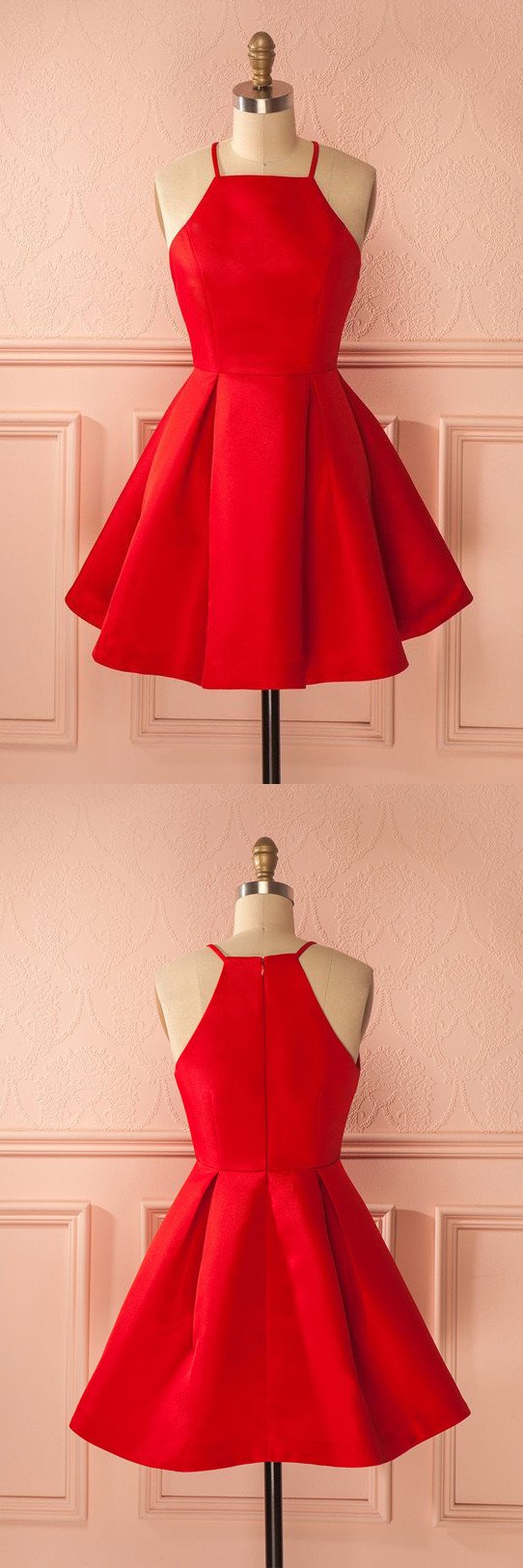 Robe de bal rouge simple à bretelles courtes et coupe trapèze, robe de soirée pas chère pour filles