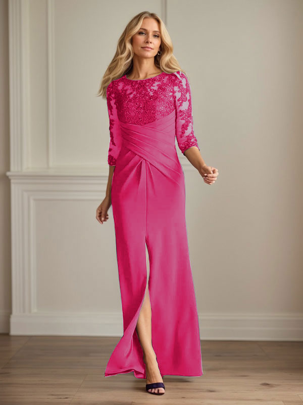Vestido de madrina de la novia color ciruela, de encaje elástico y corte sirena. 