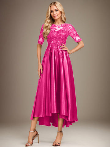 A-line Scoop Illusion Asymmetrical Stretch Satin Lace Mother of the Bride Dress With Sequins