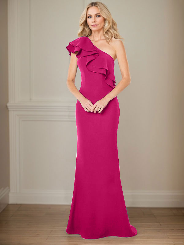 Vestido de gasa de corte A, largo hasta el suelo, con un solo hombro y volantes, para la madre de la novia 