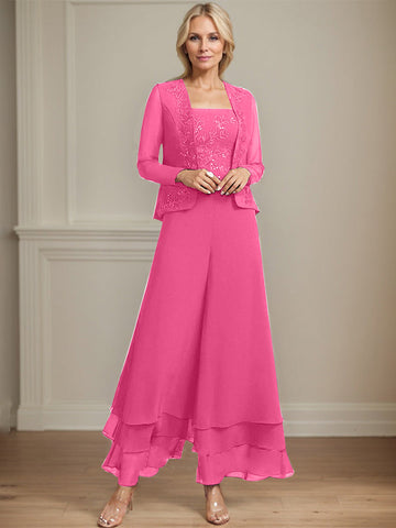 Separates Jumpsuit/Pantsuit Square Ankle-Length Lace Chiffon Mother of the Bride Dress With Sequins
