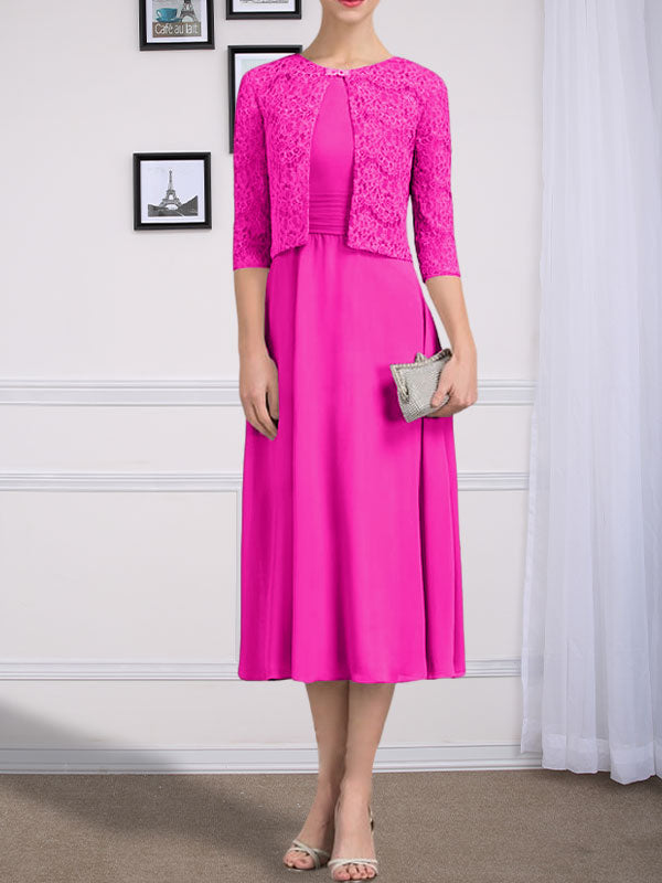 Vestido de chifón de corte línea A, largo té, para la madre de la novia, con escote redondo y pliegues.