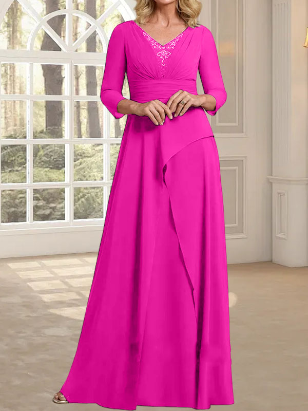 Vestido de gasa de corte A, escote en V, largo hasta el suelo, para la madre de la novia, con plisados ​​y cuentas.