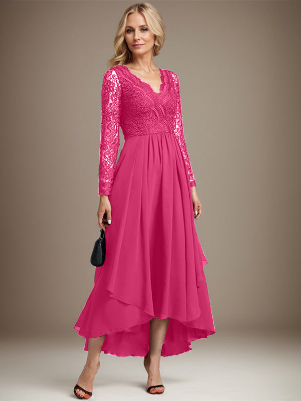 Vestido de novia de gasa con encaje asimétrico, escote en V y corte en A para la madre de la novia 
