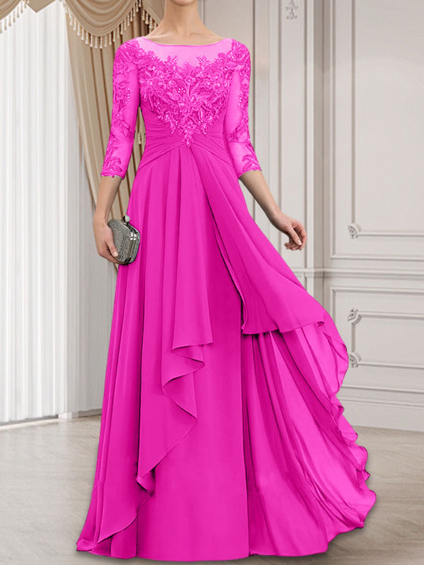 Robe de mariée en mousseline de dentelle, coupe trapèze, décolleté illusion, longueur au sol, avec volants cascade, idéale pour la mère de la mariée.