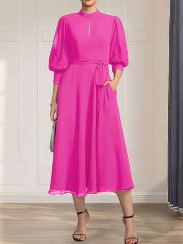 A-line High Neck Tea-Length Lace Chiffon Mother of the Bride Dress With Bow