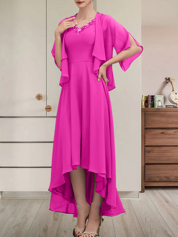 Vestido de corte A, escote en V, asimétrico, de gasa, para la madre de la novia, con lentejuelas y pedrería.