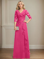 Vestido de novia de corte línea A, cuello en V, largo hasta el suelo, de encaje y gasa, con lentejuelas y volantes en cascada. 