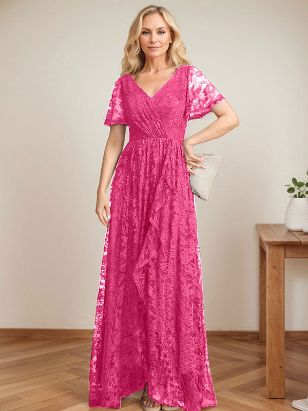 Robe de mère de la mariée asymétrique en dentelle, coupe trapèze, col en V et volants cascade 