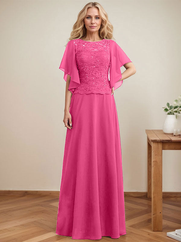 Vestido de novia de corte A, escote redondo, ilusión, largo hasta el suelo, de encaje y gasa con lentejuelas. 