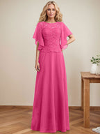 Vestido de novia de corte A, escote redondo, ilusión, largo hasta el suelo, de encaje y gasa con lentejuelas. 