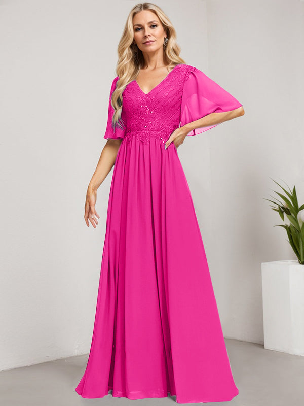 Vestido de novia de corte A, escote en V, largo hasta el suelo, de gasa de encaje con lentejuelas para la madre de la novia 