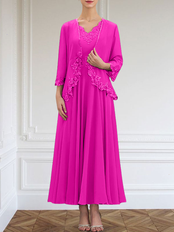 Vestido de corte A, escote en V, largo hasta el tobillo, de gasa, para la madre de la novia, con apliques de lentejuelas, encaje y pedrería.