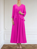 Vestido de corte A, escote en V, largo hasta el tobillo, de gasa, para la madre de la novia, con apliques de lentejuelas, encaje y pedrería.