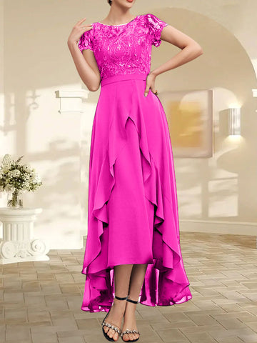 A-line Scoop Illusion Asymmetrical Chiffon Lace Mother of the Bride Dress With Bow Ruffle Sequins