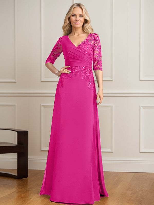 Vestido de novia de corte A, escote en V, largo hasta el suelo, de gasa de encaje con lentejuelas plisadas. 