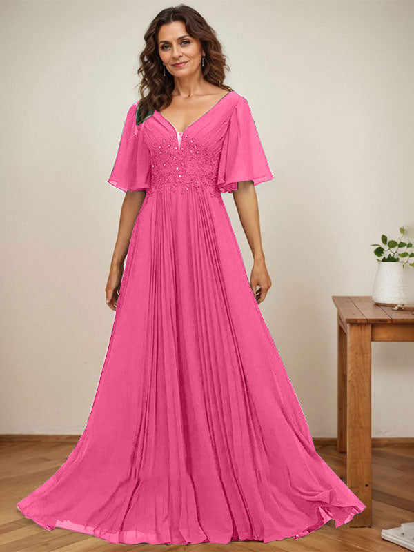 Vestido de corte A, escote en V, largo hasta el suelo, de gasa, para la madre de la novia, con apliques de lentejuelas y encaje plisado. 