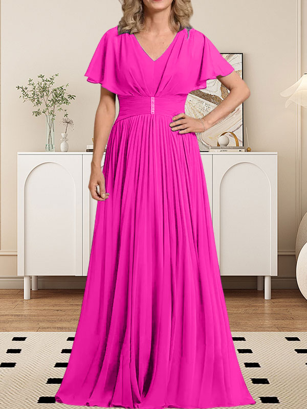 Vestido de gasa de corte A, escote en V, largo hasta el suelo, para la madre de la novia, con broche de cristal y pliegues. 