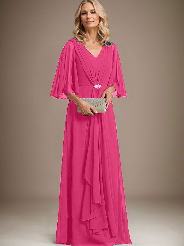 Vestido de corte A, escote en V, largo hasta el suelo, de gasa, para la madre de la novia, con volantes en cascada y broche de cristal. 
