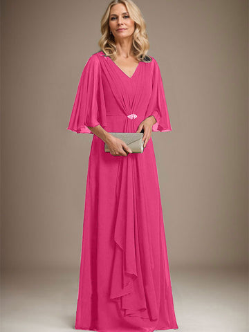 A-line V-Neck Floor-Length Chiffon Mother of the Bride Dress With Cascading Ruffles Crystal Brooch