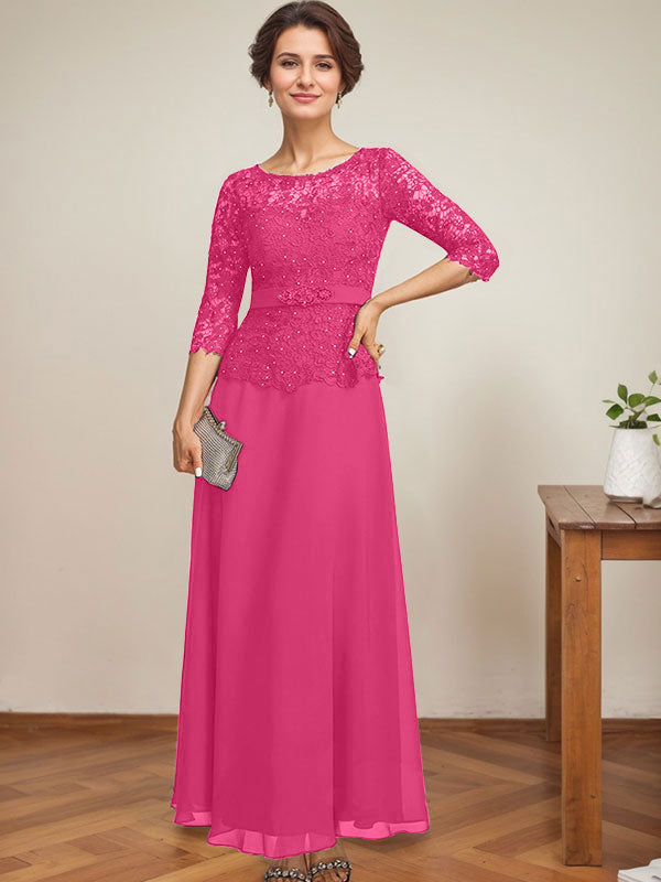 Vestido de novia corte A, escote redondo ilusión, largo hasta el tobillo, de gasa y encaje, con pedrería y detalles de diamantes de imitación. 