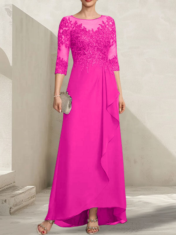 Vestido de madrina de la novia, corte asimétrico, escote ilusión, encaje y gasa, con lentejuelas y volantes en cascada.