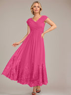 Vestido de gasa de corte evasé, escote en V, largo hasta el tobillo, para la madre de la novia, con apliques de lentejuelas. 
