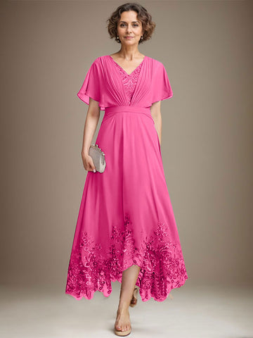 A-line V-Neck Asymmetrical Lace Chiffon Mother of the Bride Dress With Pleated