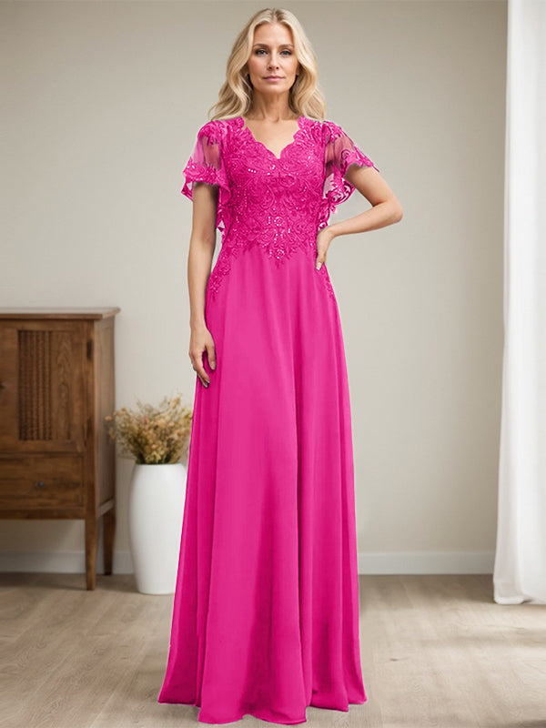 Vestido de novia de corte A, escote en V, largo hasta el suelo, de gasa de encaje con lentejuelas para la madre de la novia 