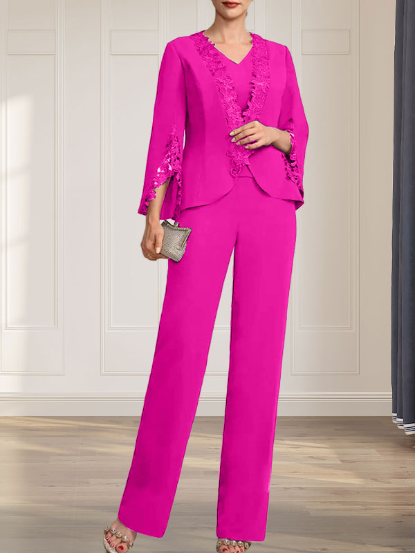 Combinaison/Tailleur-pantalon deux pièces, robe longue en mousseline à col V pour la mère de la mariée