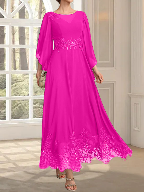 Robe de mère de la mariée en mousseline de dentelle, coupe trapèze, décolleté illusion, longueur cheville, ornée de sequins 