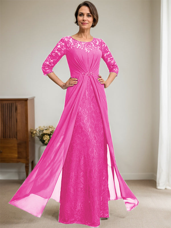 Vestido de novia de corte línea A, escote redondo ilusión, largo hasta el suelo, de gasa de encaje con volantes y pedrería. 