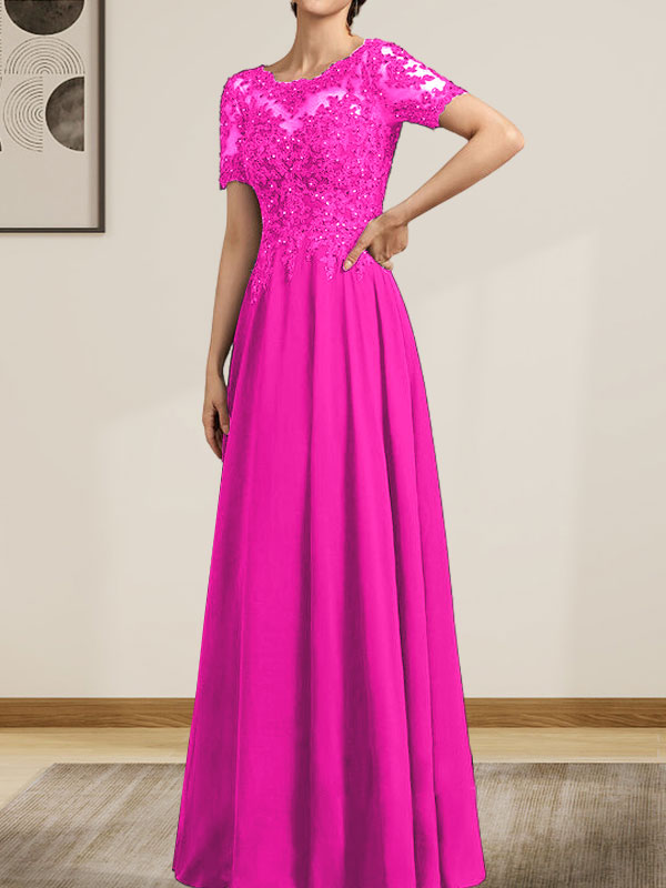 Vestido de corte A, escote ilusión, largo hasta el suelo, de gasa y encaje, con lentejuelas y pedrería, para la madre de la novia.
