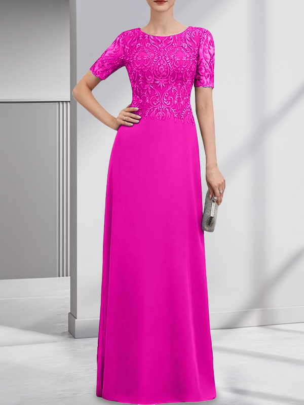 Vestido de novia de corte línea A, escote redondo, largo hasta el suelo, de encaje y gasa con lentejuelas.