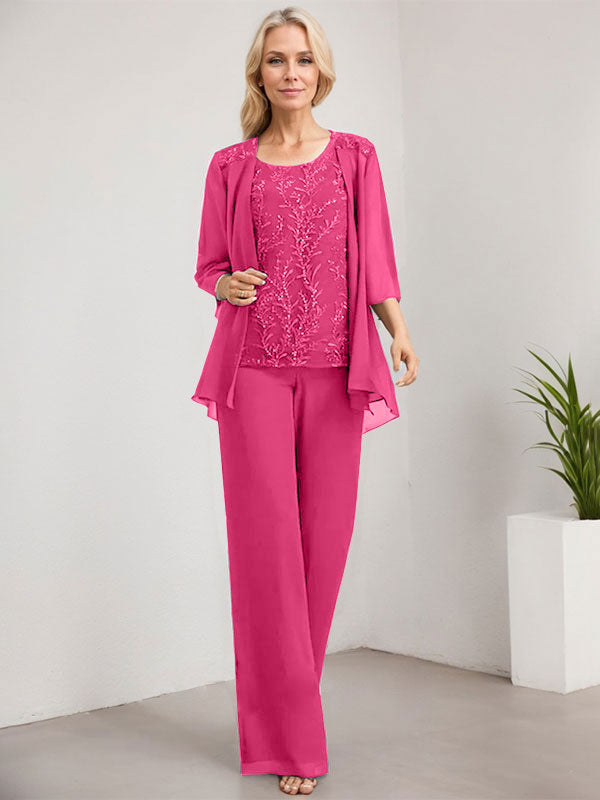 Vestido de novia de gasa con encaje y lentejuelas, estilo mono/pantalón, largo hasta el suelo, con escote redondo.
