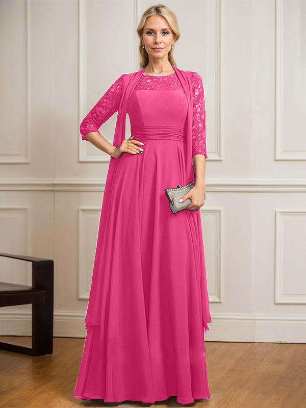 Vestido de novia de corte A, escote redondo ilusión, largo hasta el suelo, de gasa de encaje con pliegues. 